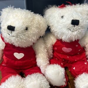 Hallmark White Plush Teddy Bears in Red Overalls with Heart